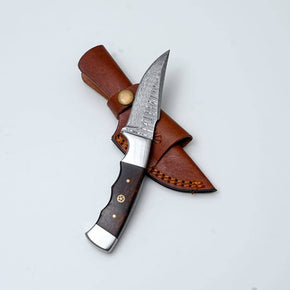 Handmade Damascus Steel Knife with Wenge Wood Handle & Leather Sheath
