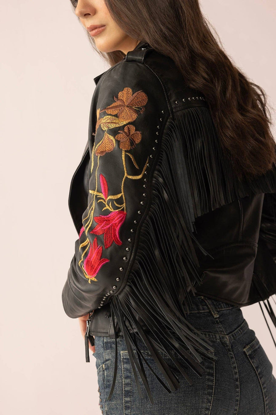 Thorn & Thunder Embroidered Black Leather Fringe Jacket