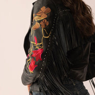 Thorn & Thunder Embroidered Black Leather Fringe Jacket