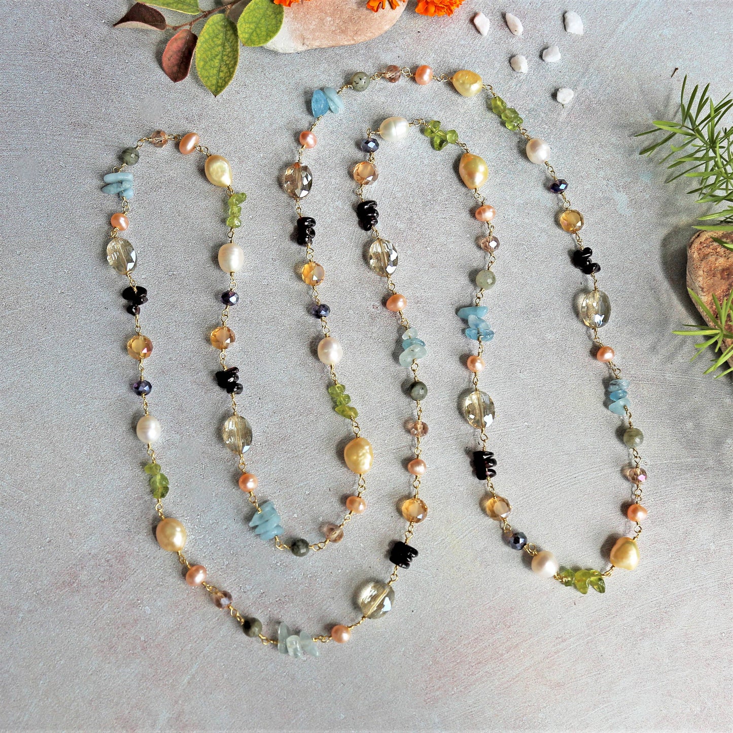 Multi-Gemstones Beaded-Wire Wrapped Necklace