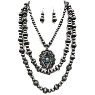 Western Concho Navajo Bead Layer Necklace Earrings Set