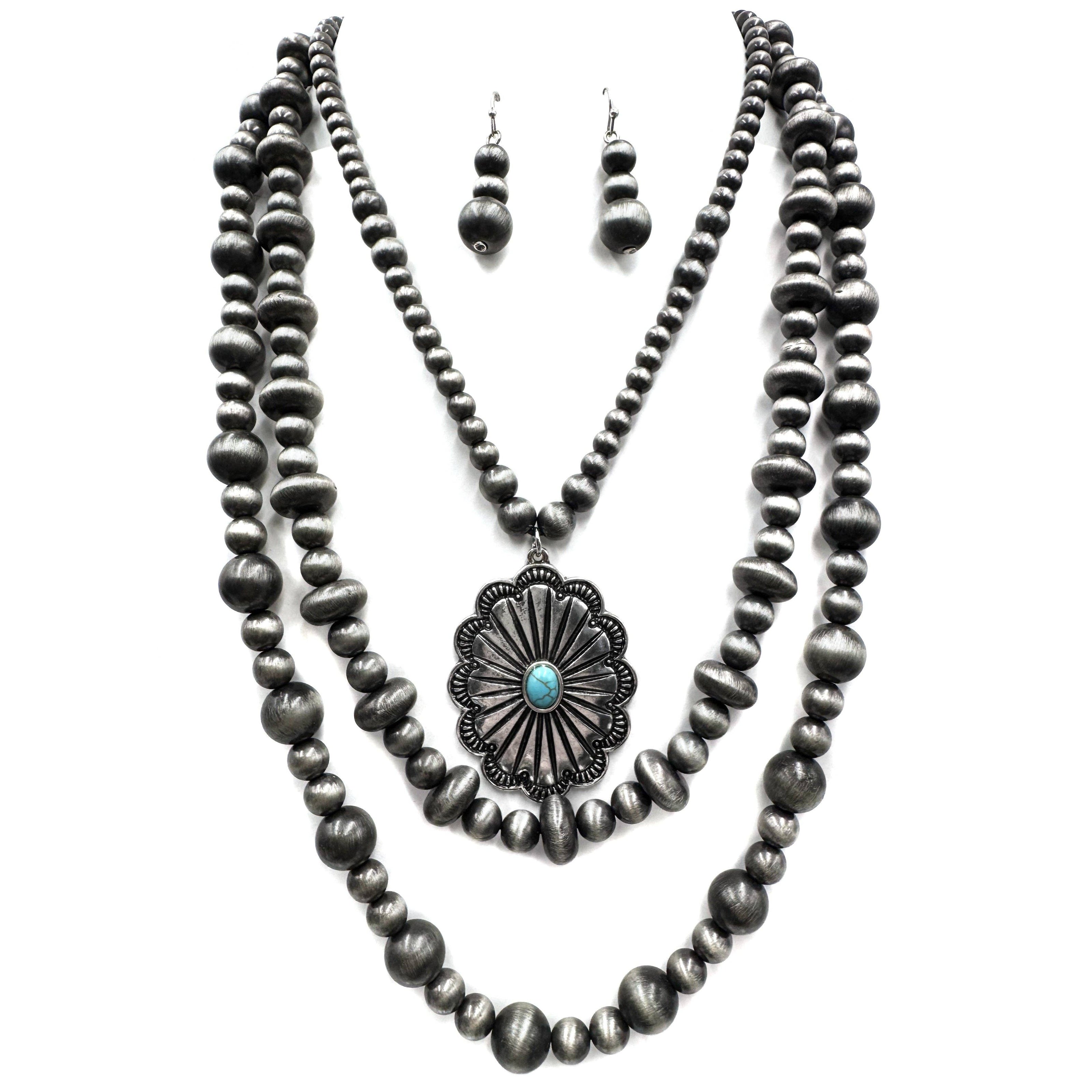 Western Concho Navajo Bead Layer Necklace Earrings Set