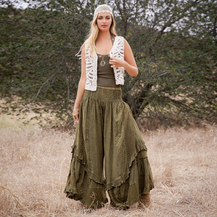 Mineral Wash Lace Tiered Ruffle Pants
