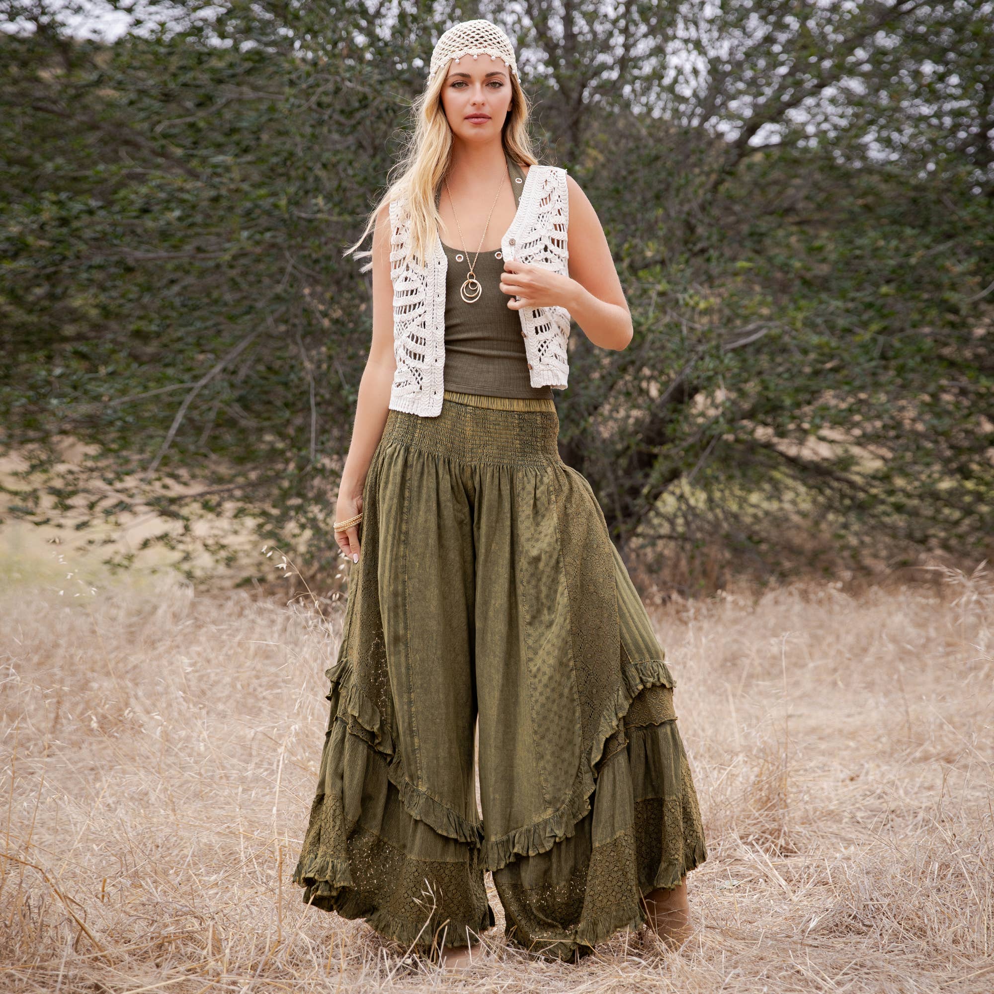 Mineral Wash Lace Tiered Ruffle Pants