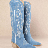 Blue White Leaves Cowboy Boots