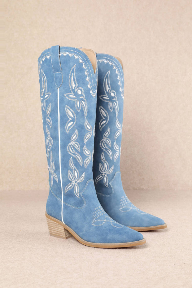 Blue White Leaves Cowboy Boots