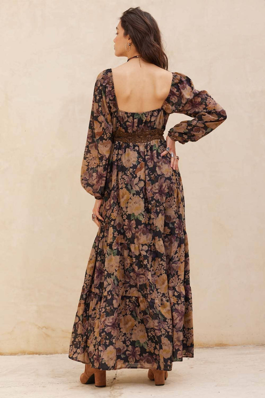 Floral Button-Front Maxi Dress, Chocolate