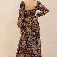Floral Button-Front Maxi Dress, Chocolate