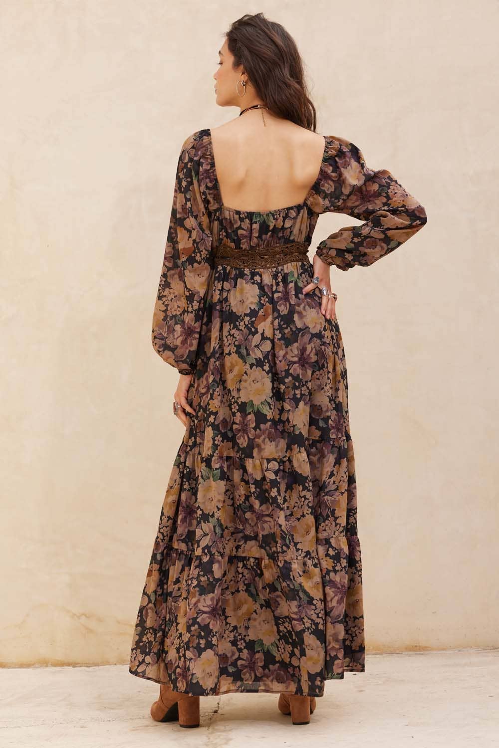 Floral Button-Front Maxi Dress, Chocolate