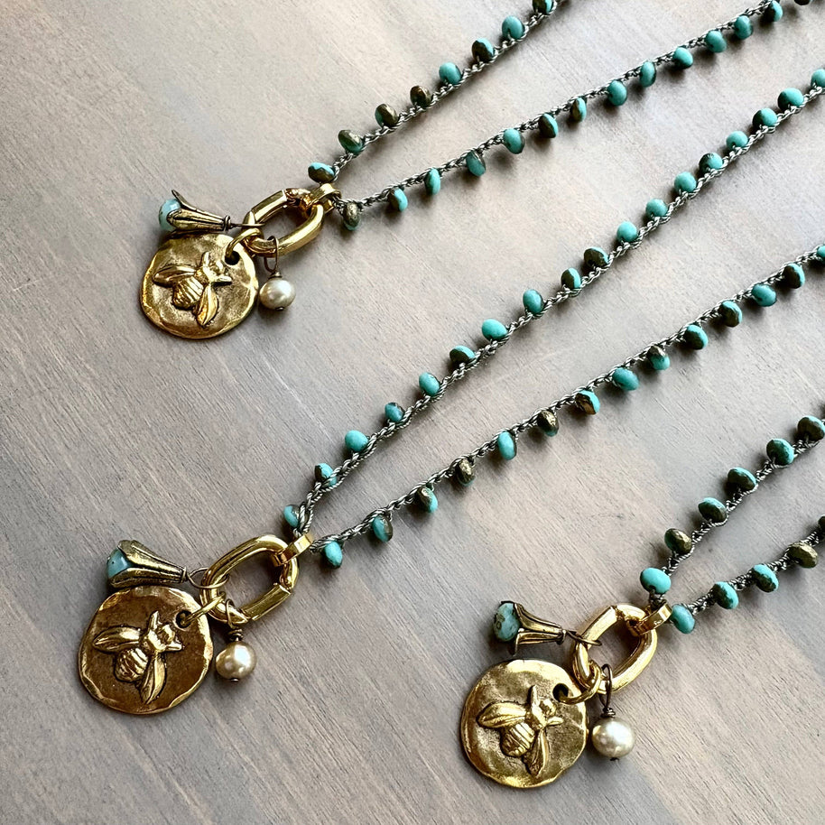 Honey Bee Charm Necklace With Freshwater Pearl and Flower Drop