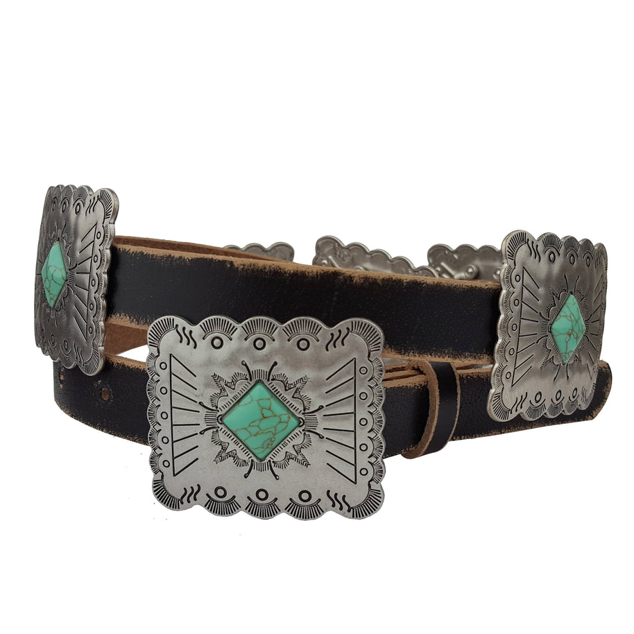 Distressed Leather Belt with Rectangle Conchos