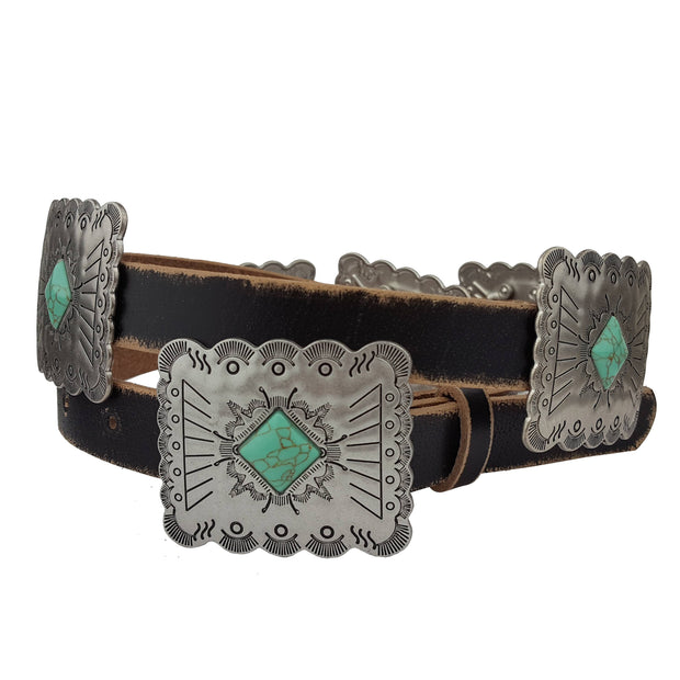 Distressed Leather Belt with Rectangle Conchos