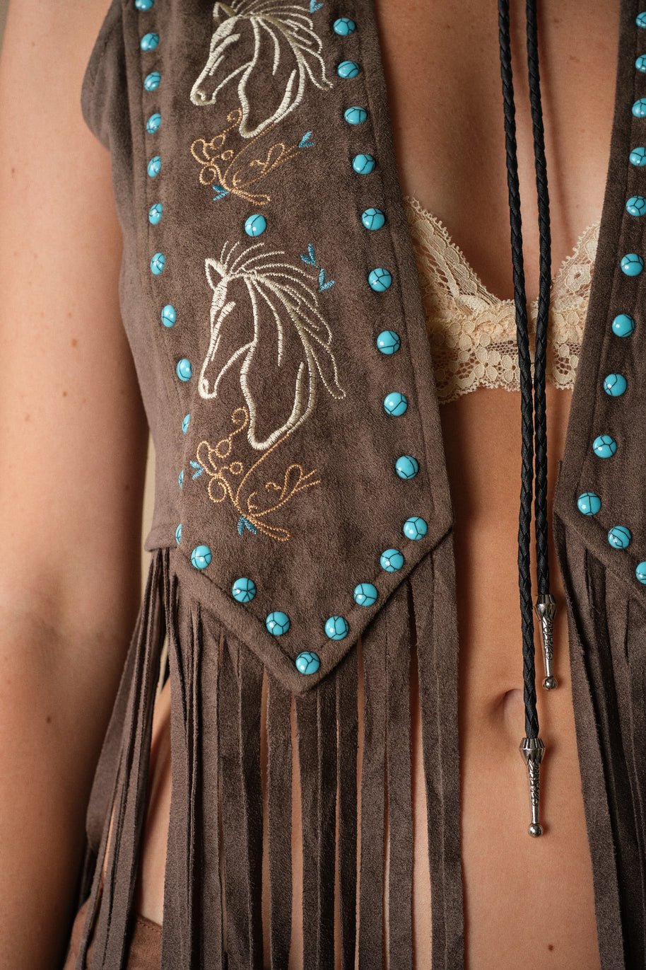 Western Horse Embroidery Fringe Vest