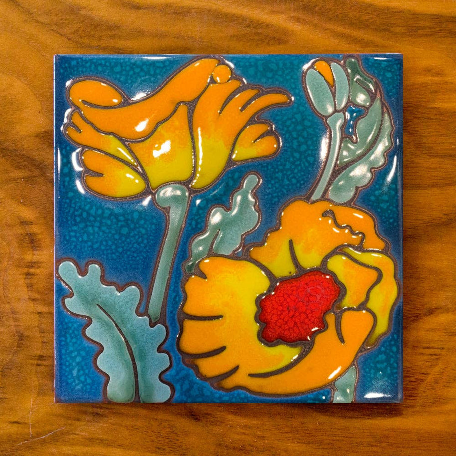 Desert Poppy Bloom Hand Glazed Art Tile Trivet