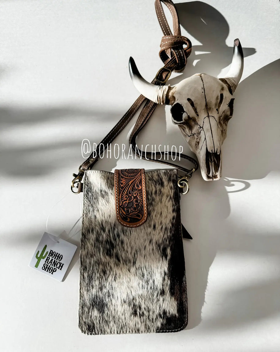 Western Tooled Leather Cowhide Mobile Pouch