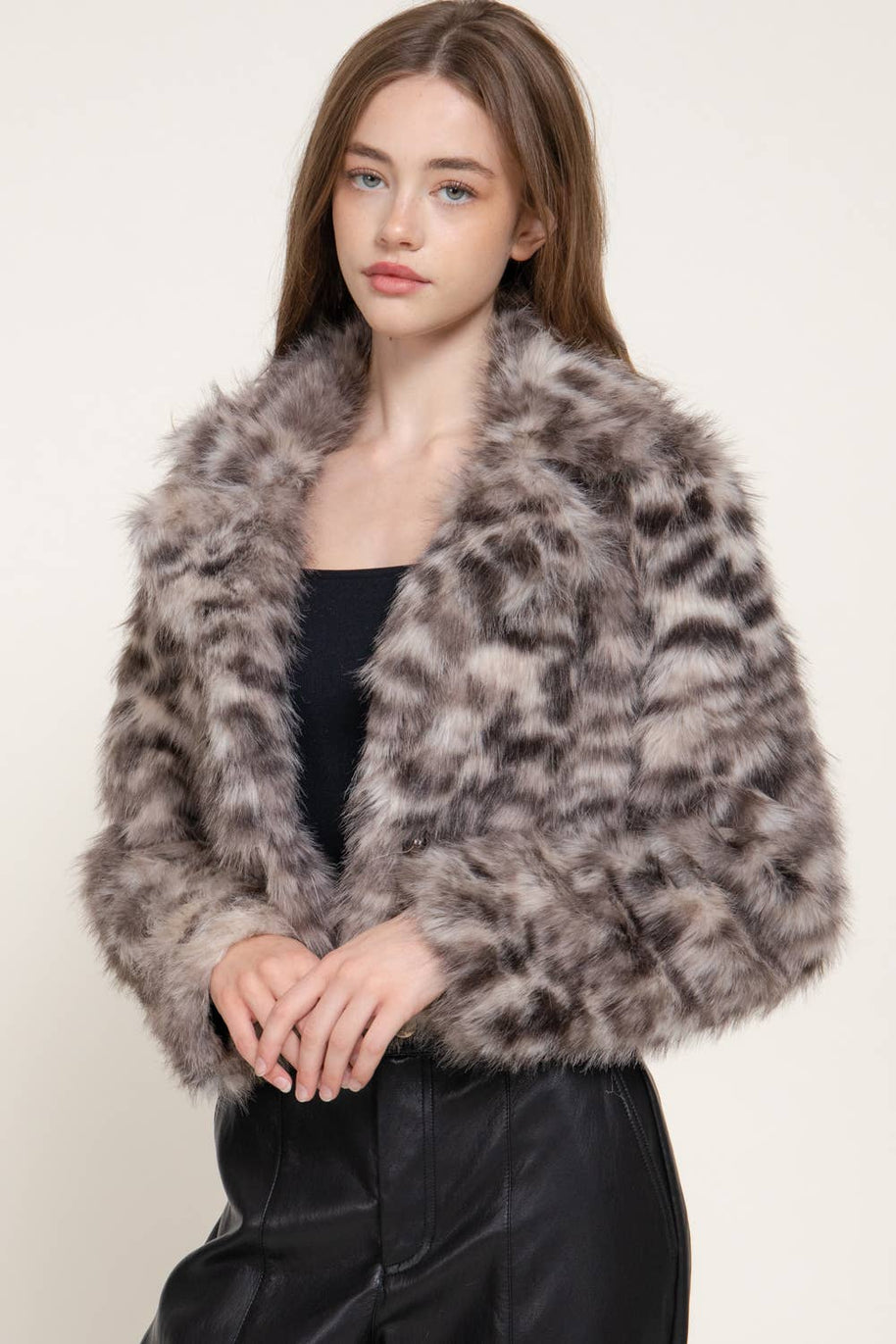 Long Sleeve Notched Collar Printed Faux Fur Jacket