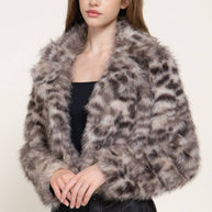 Long Sleeve Notched Collar Printed Faux Fur Jacket