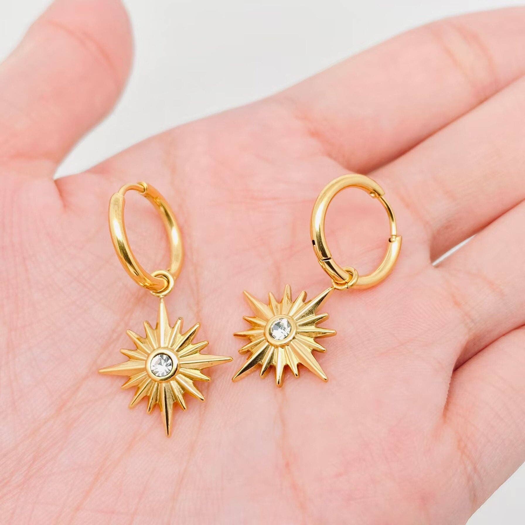 18K GP S. Steel Star Pendant Huggie Earrings