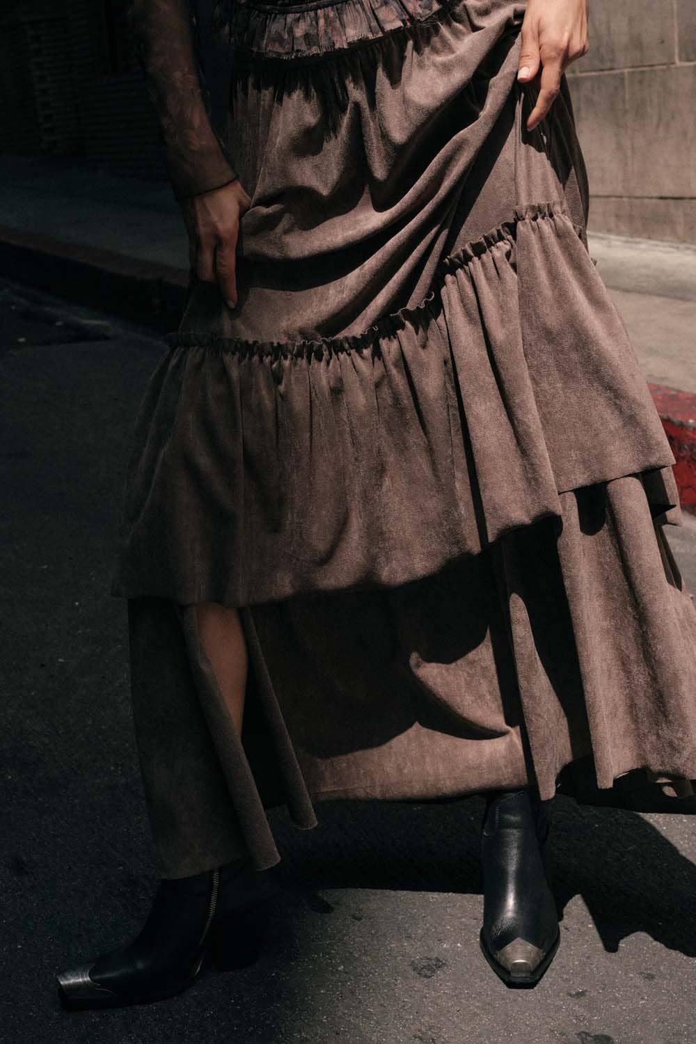 Faux Suede Tiered Maxi Skirt