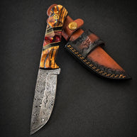 Damascus Drop Point Knife | Bocote Wood & Ruby Red Resin Handle