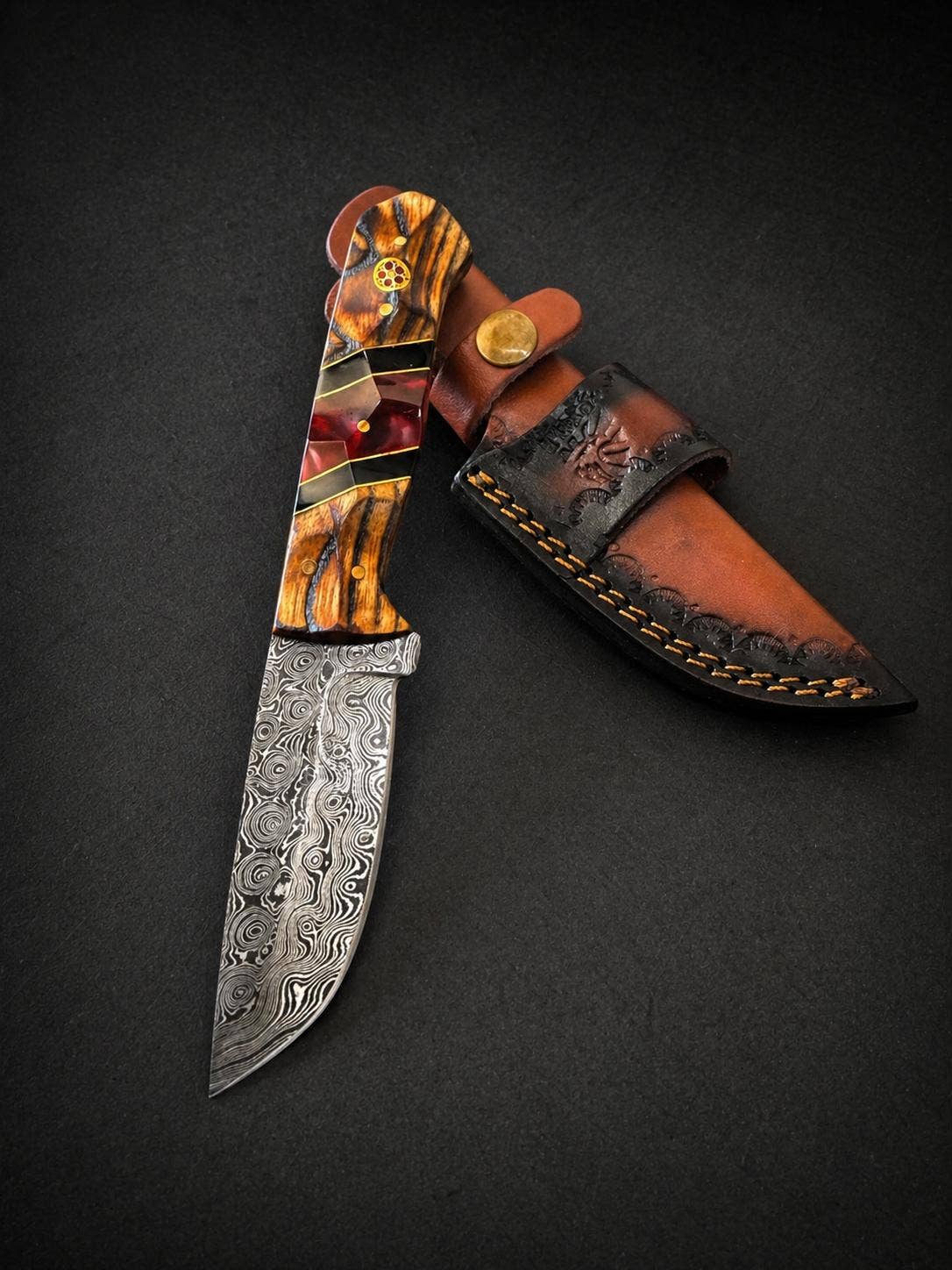Damascus Drop Point Knife | Bocote Wood & Ruby Red Resin Handle