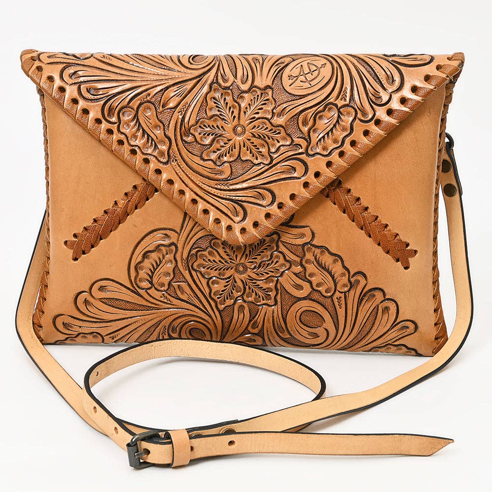 Hand-Tooled Floral Leather Envelope Purse, Multiple Colors
