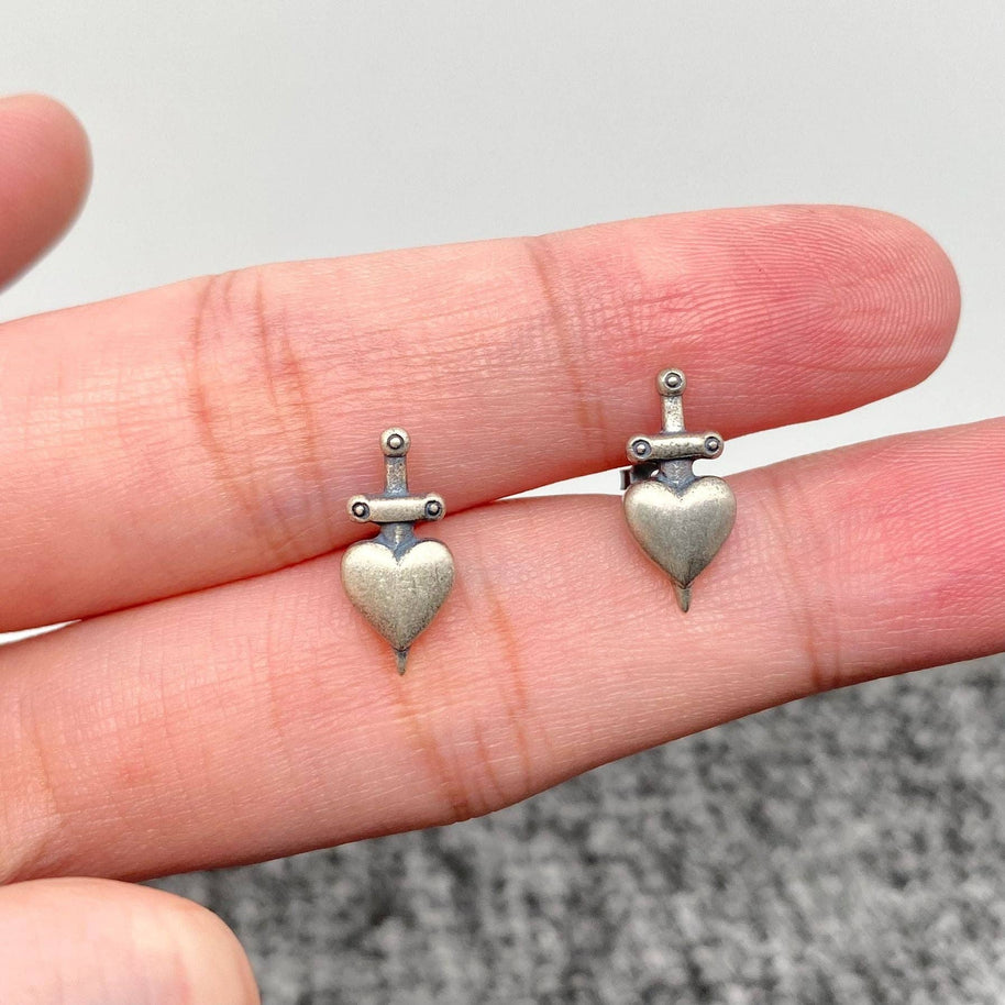 S925 Sterling Silver Sword Piercing Through Heart Earring-