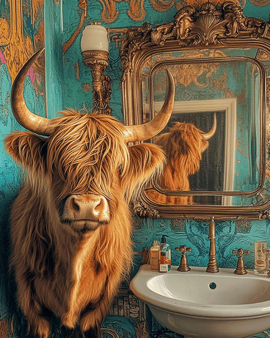 Highland Cow Looking in a Mirror Art Print