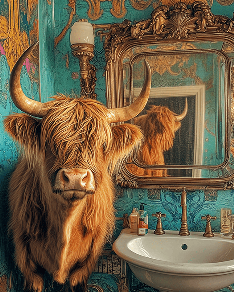 Highland Cow Looking in a Mirror Art Print