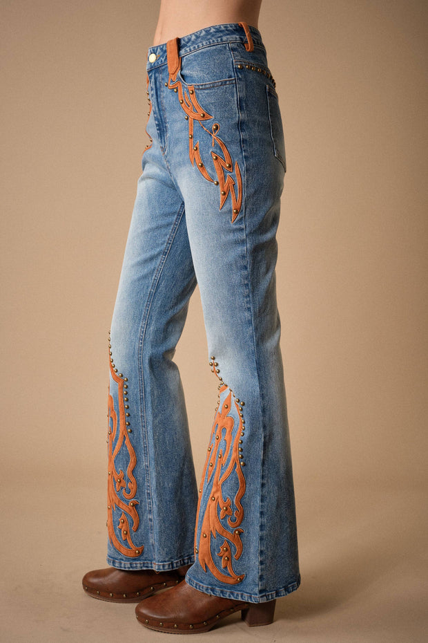 Western Suede Detail Bootcut Jeans
