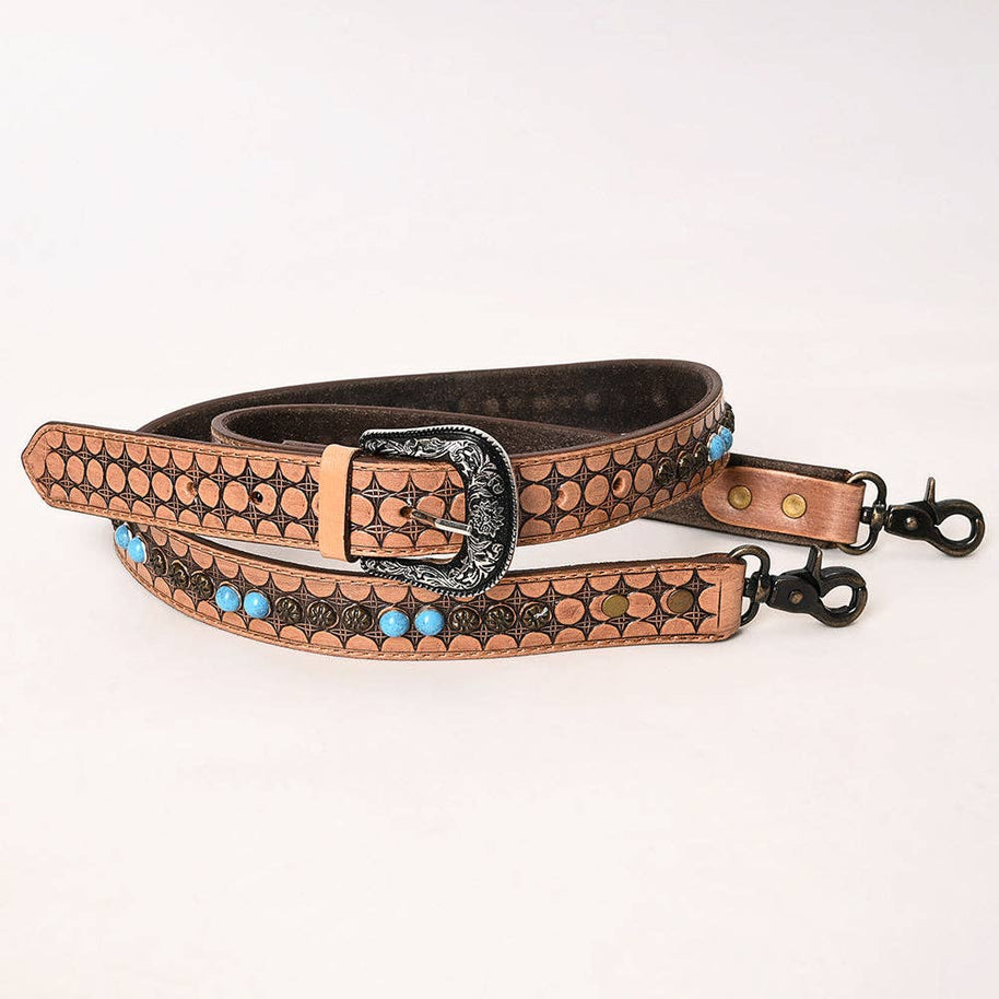 Tooled Leather Sling Bag Strap with Turquoise Beads ADBT146