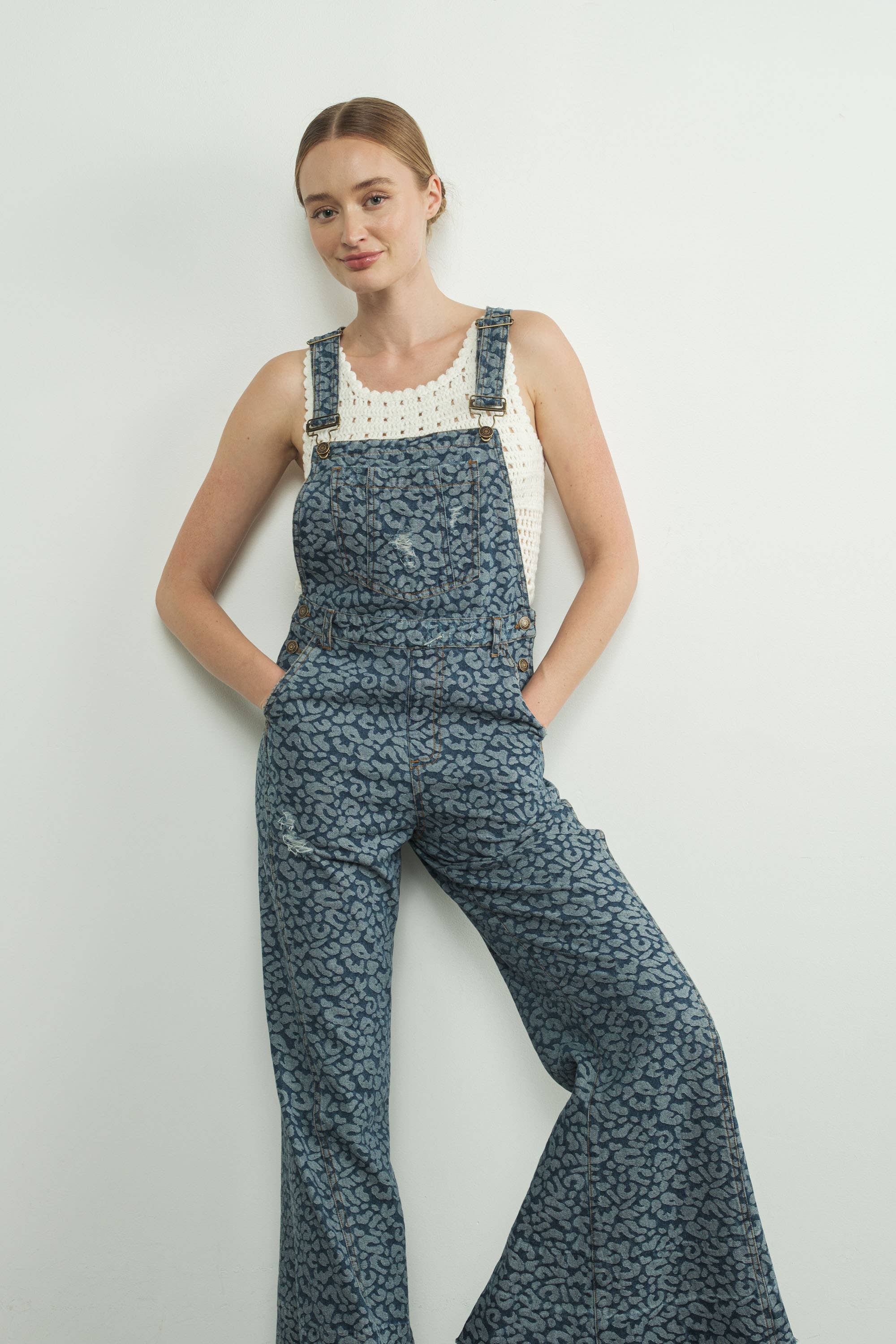 Animal Print Wide Leg Denim Overalls