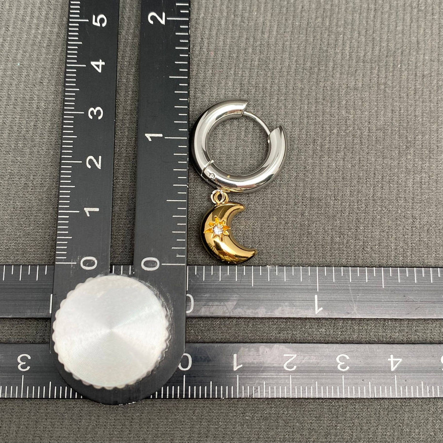 CZ Inlaid Moon 18K GP S. Steel Huggie Earrings