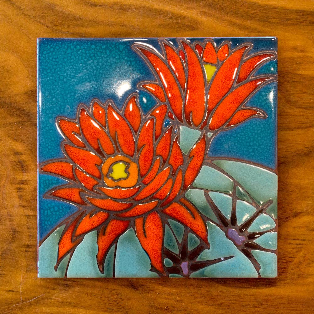 Hedgehog Cactus Desert Bloom Hand Glazed Fine Art Tile Trivet