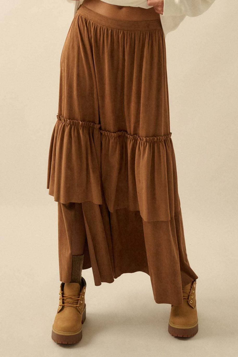 Faux Suede Tiered Maxi Skirt