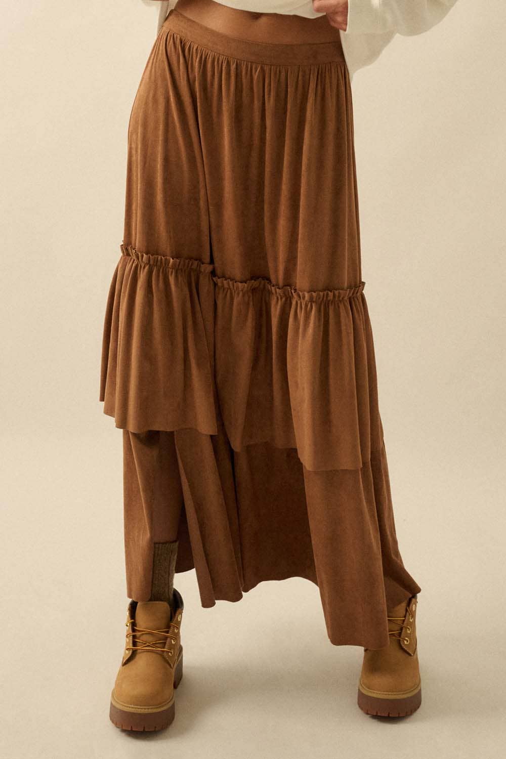 Faux Suede Tiered Maxi Skirt