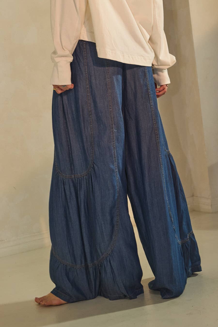 Chambray Denim Wide Palazzo Pants