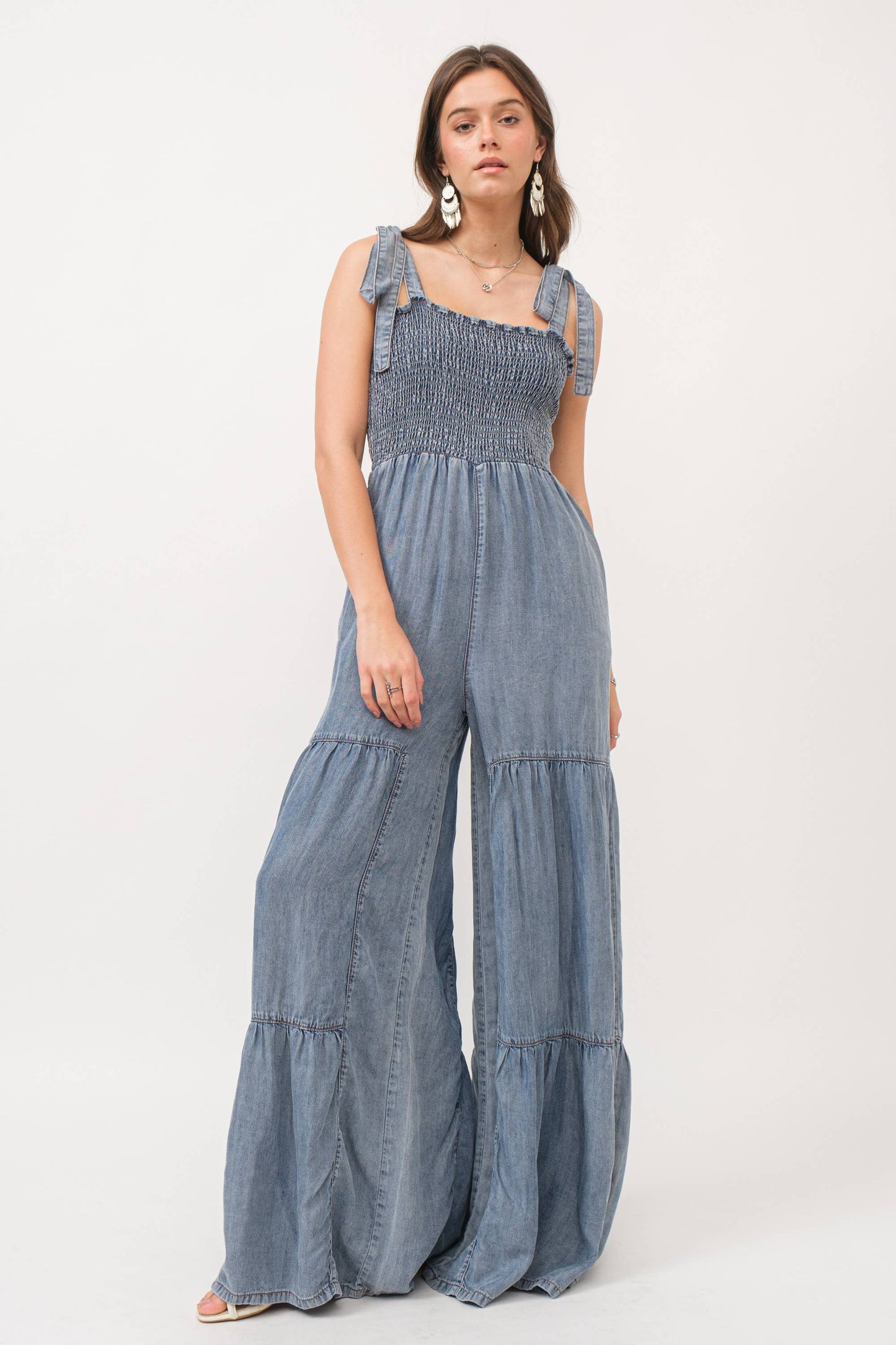 Smocked Tie Chambray Palazzo Wide Pant Jumpsuit