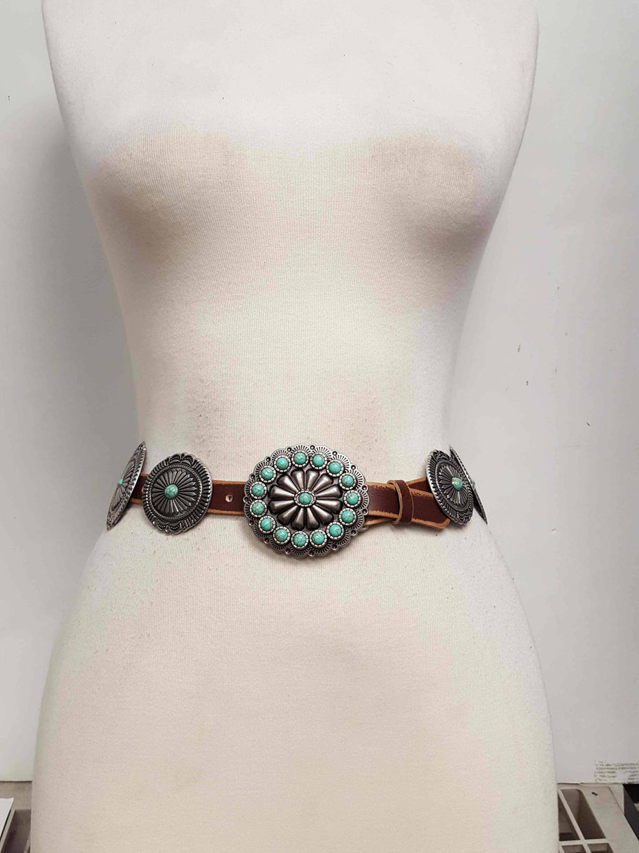 Distressed Leather Belt with Conchos
