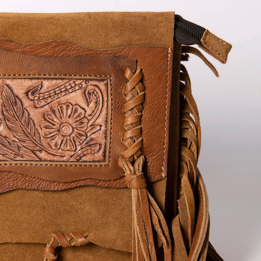 Suede Leather & Fringe Purse Clutch, Caramel