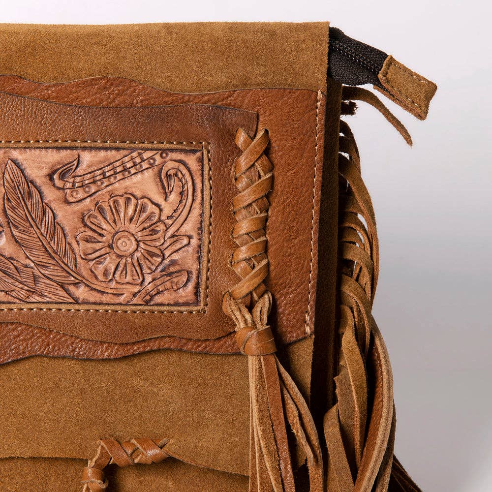 Suede Leather & Fringe Purse Clutch, Caramel