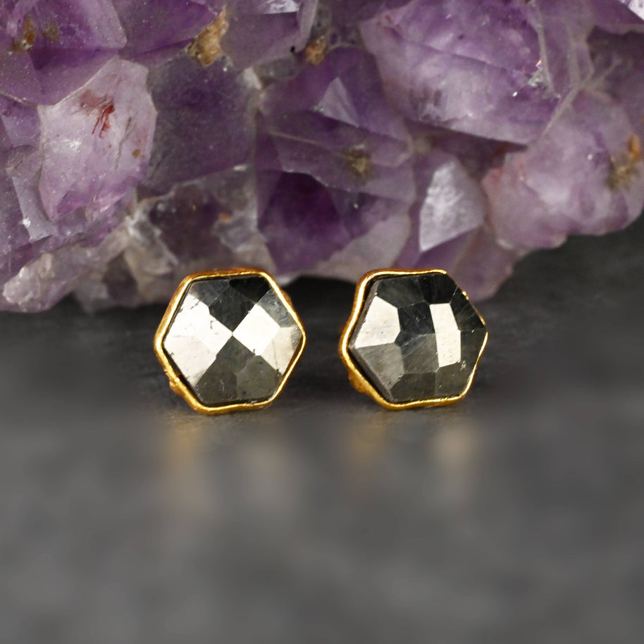 Semi Precious Hexagon Gemstone Studs (8mm gold)