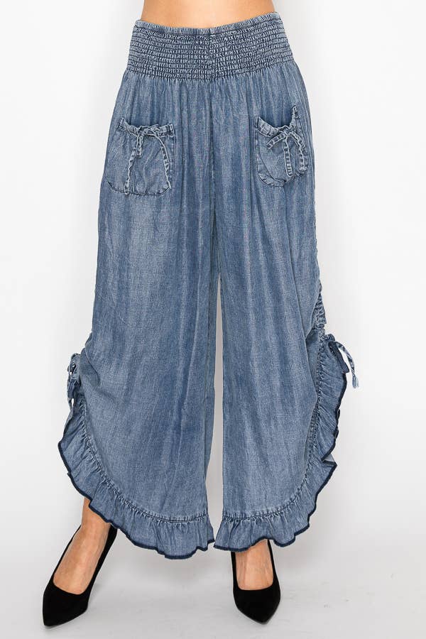 Smocked Ruffle Chambray Pants