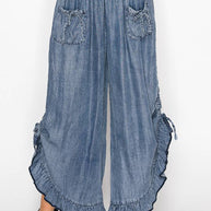 Smocked Ruffle Chambray Pants