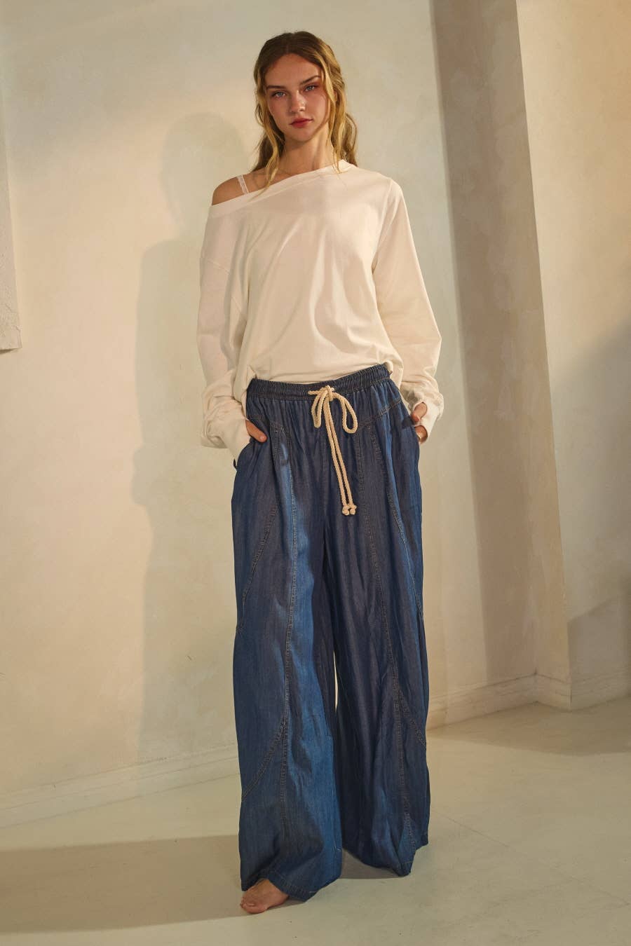 Chambray Denim Wide Palazzo Pants
