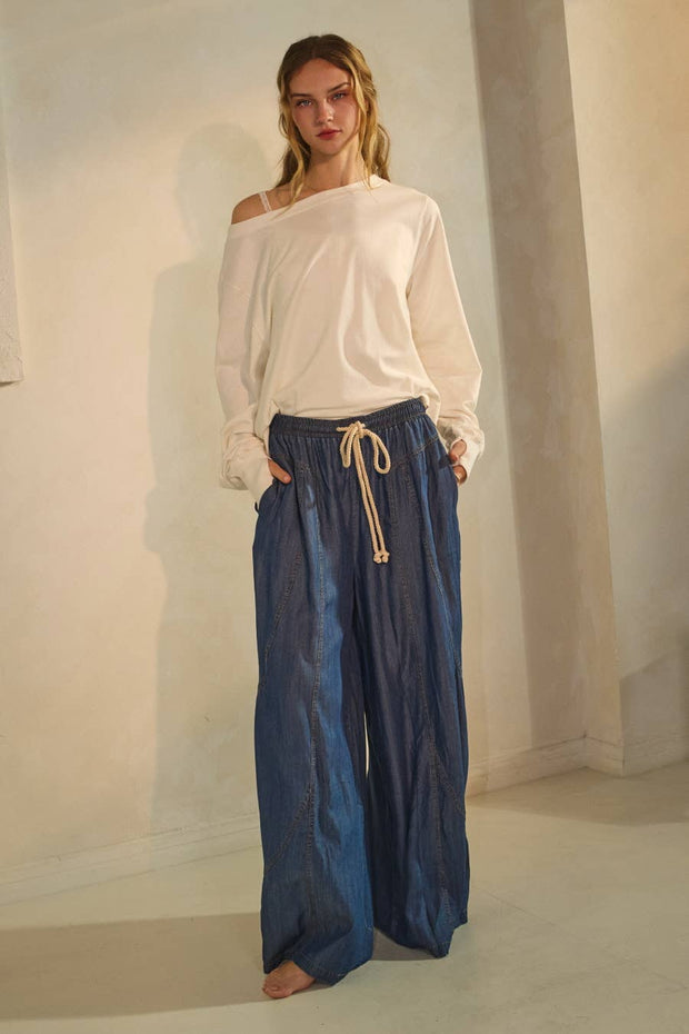 Chambray Denim Wide Palazzo Pants