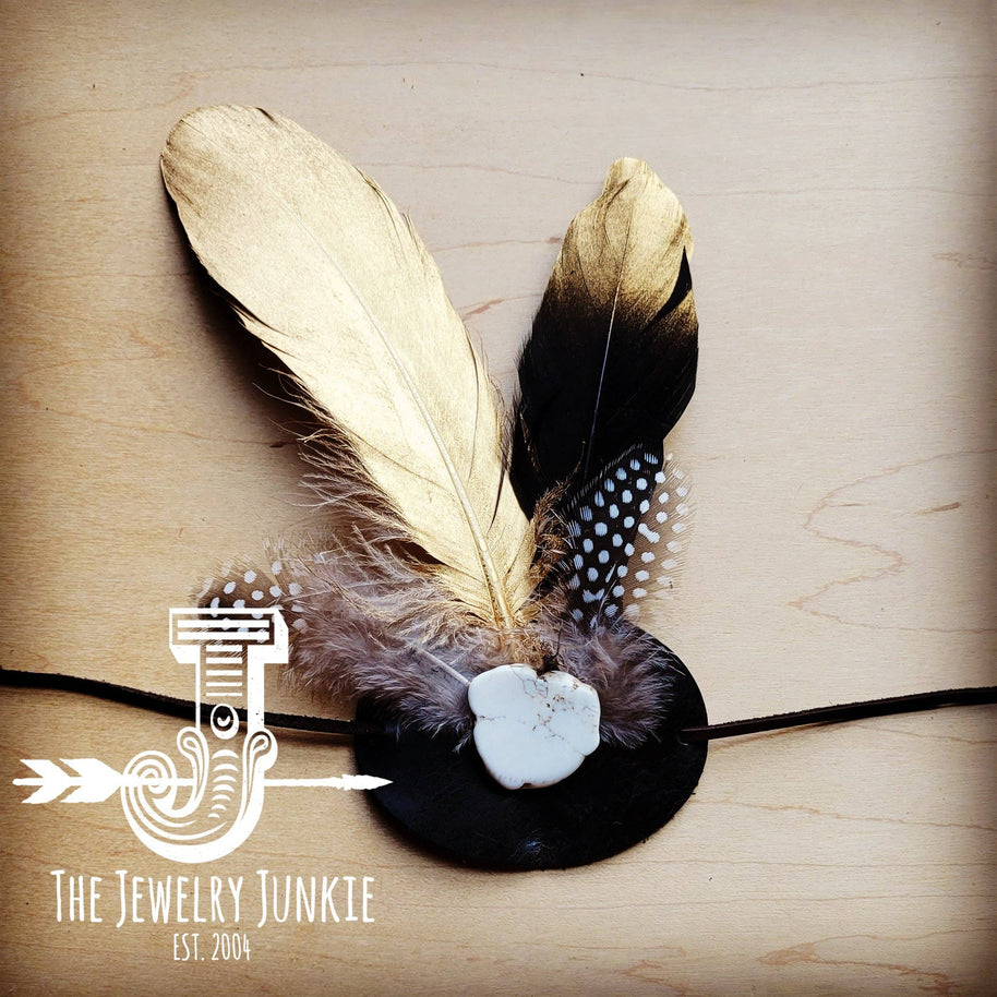 Gold Feather, White Stone & Black Leather Hat Band Only 983h
