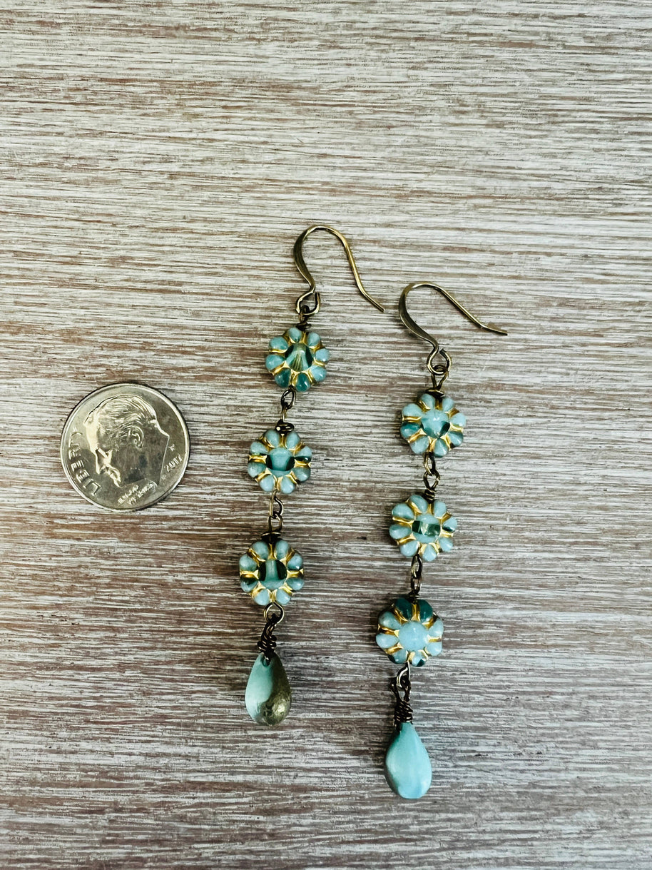 Aqua and Gold French Flower Drop Earrings