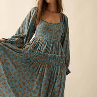 Smocked Floral Bubble-Sleeve Midi Dress, Blue