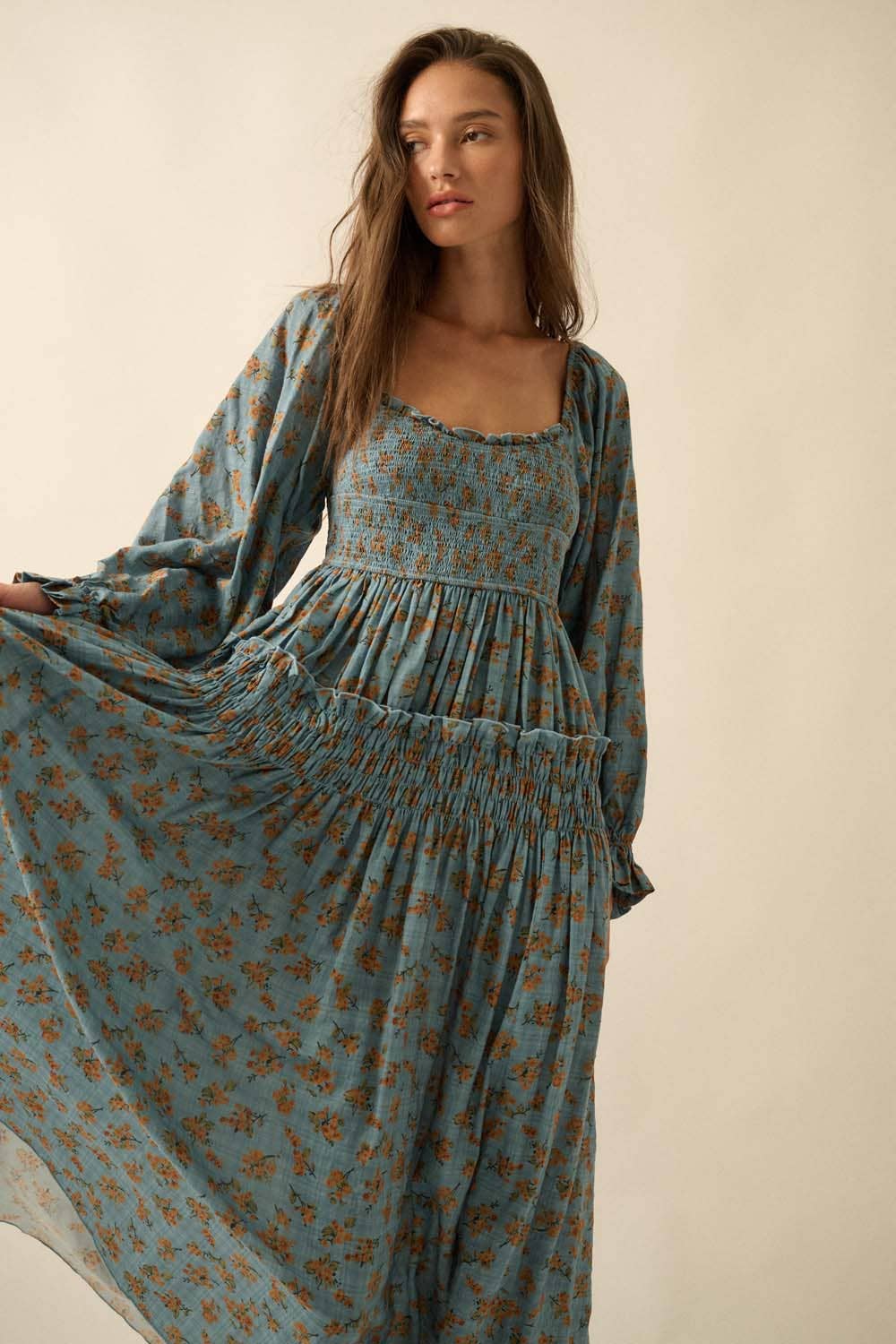 Smocked Floral Bubble-Sleeve Midi Dress, Blue